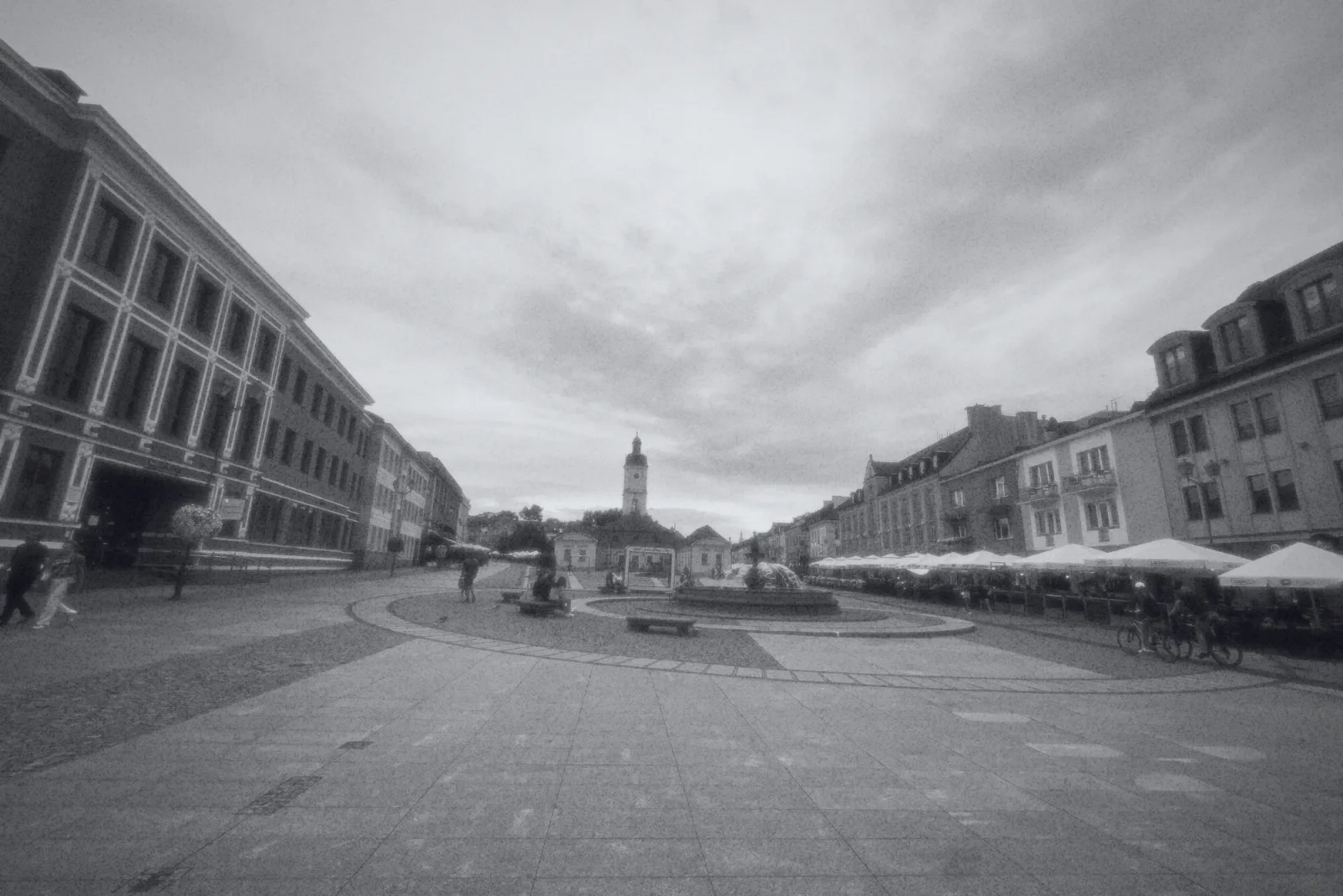 A town square on a cloudy day, shot on the PRESS 68
